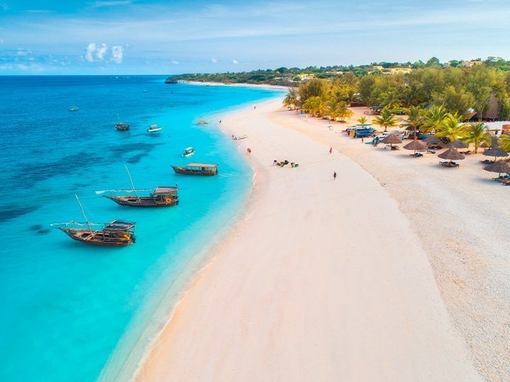både i vandet på stranden på Zanzibar